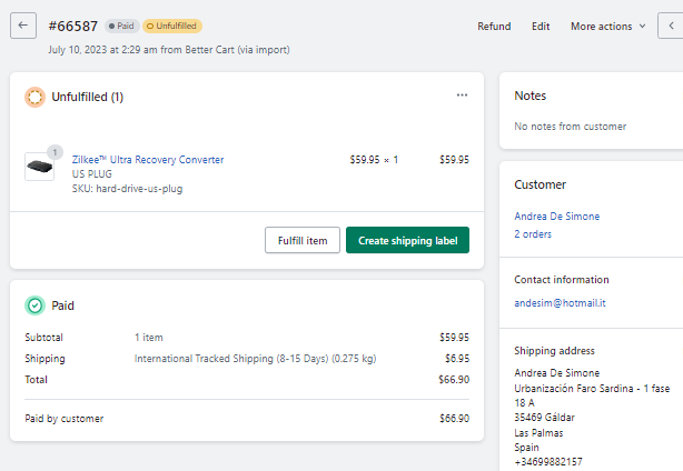 EXTRA SHIPPING FEE OF Andrea De Simone
