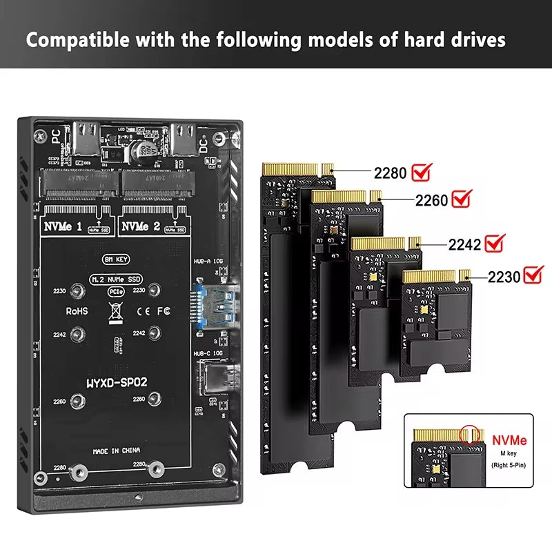 Zilkee Dual Bay M.2 NVME SSD Enclosure with USB3.2 Type C