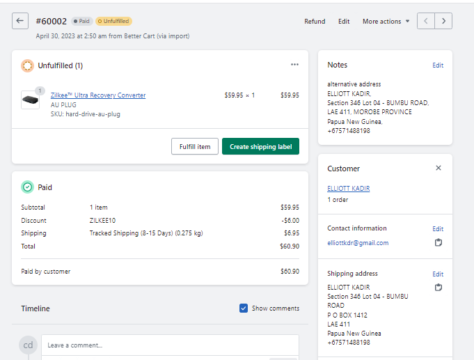 EXTRA SHIPPING FEE FOR MR. ELLIOTT KADIR